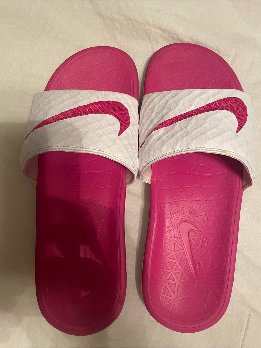 Nike Women's Hot Pink and White Slide Sandals